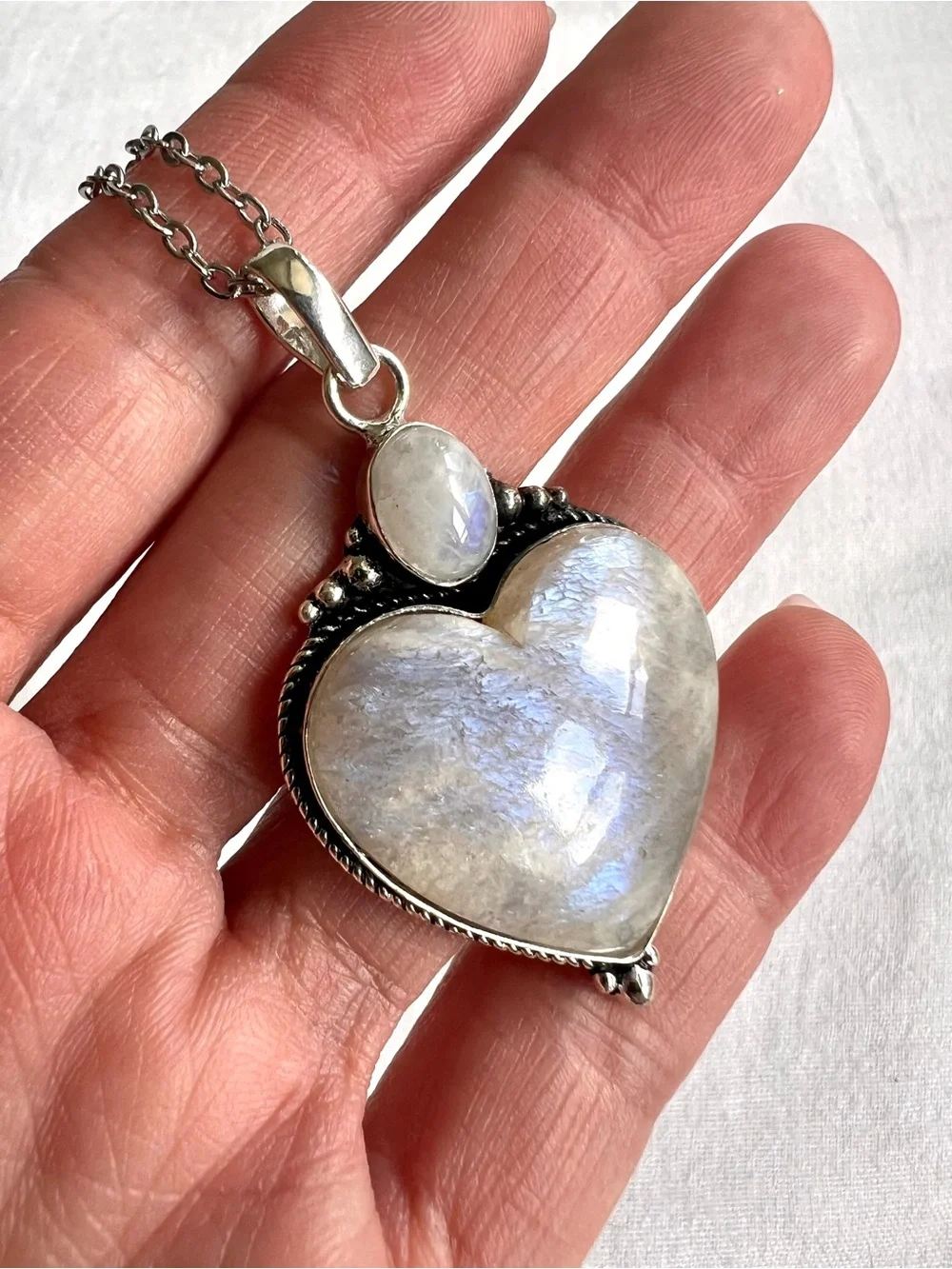 925 WHOA! AMAZING! Peach Moonstone w/ Blue Flash! Heart ❤️ Pendant Necklace